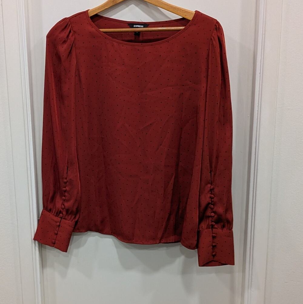 EXPRESS Rust Polka Dot Blouse Long Sleeve Button Cuff Top Officewear Small